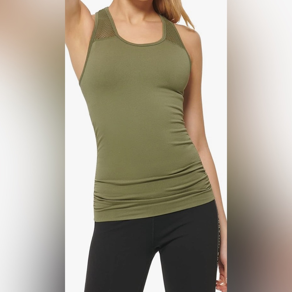 DKNY SPORT SEAMLESS RUCHED TOP RACERBACK WOMEN GREEN TEXTURE FABRIC SIZE LARGE